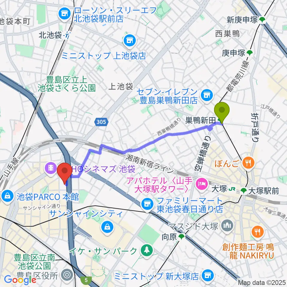 巣鴨新田駅から東京ミューズ・アカデミーへのルートマップ地図