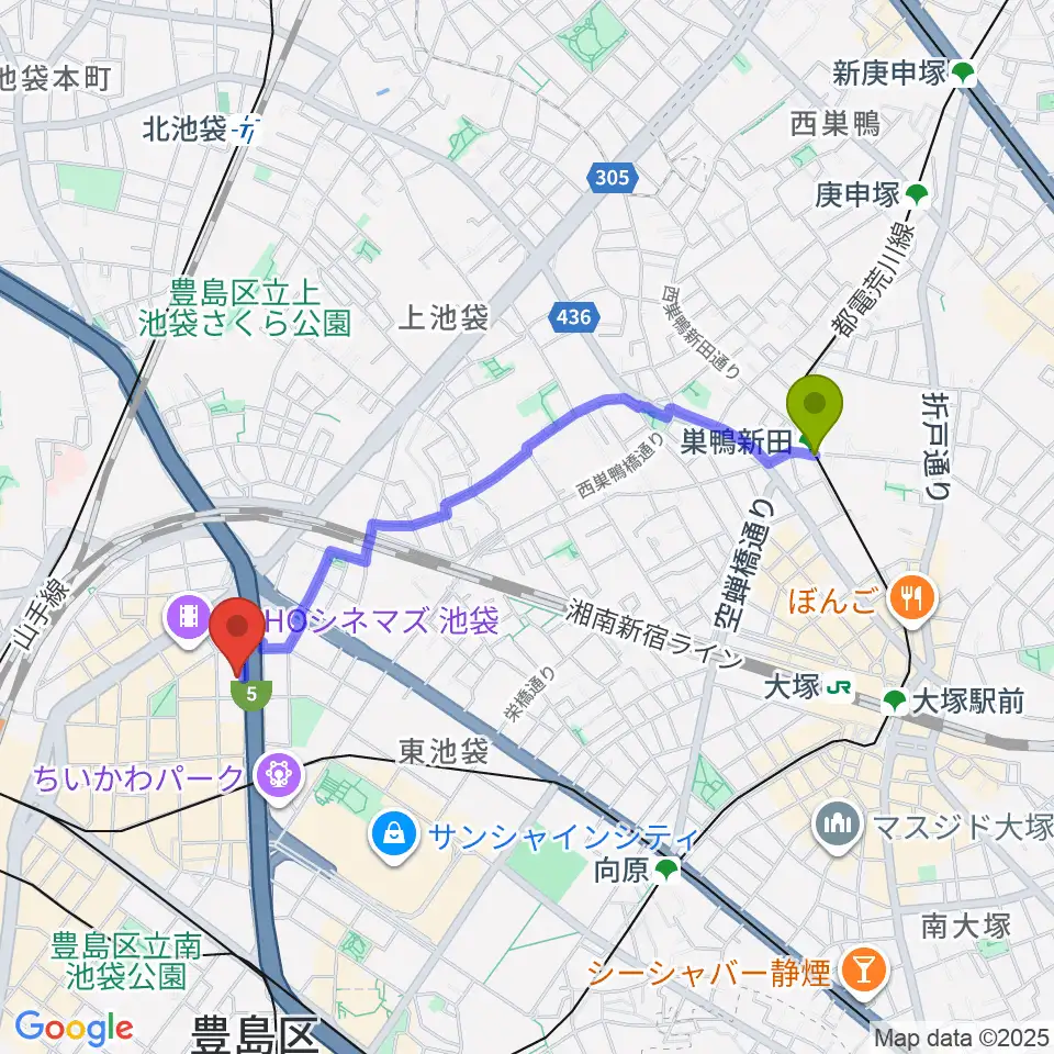 巣鴨新田駅から東京ミューズ・アカデミーへのルートマップ地図