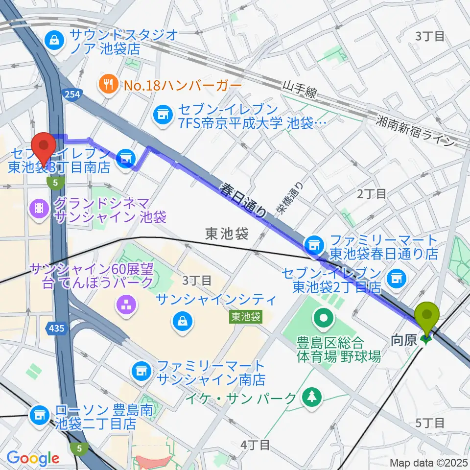 向原駅から東京ミューズ・アカデミーへのルートマップ地図