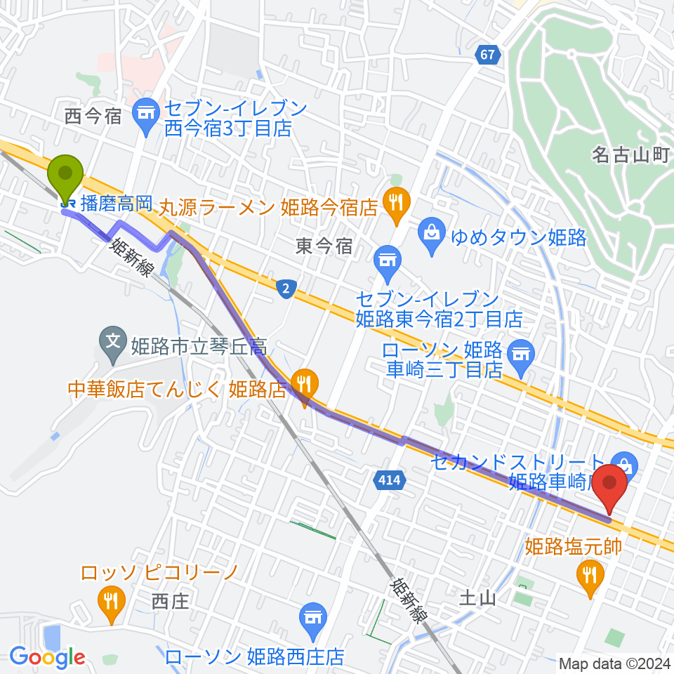 播磨高岡駅からサウンドステーションへのルートマップ地図