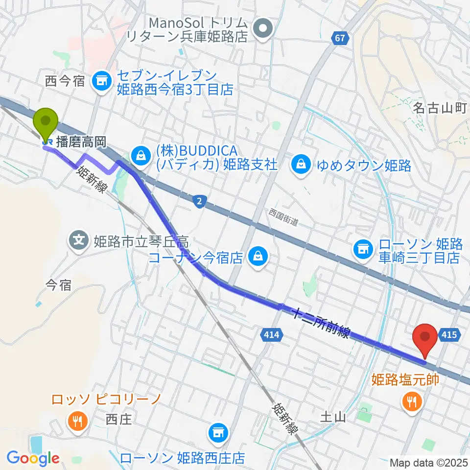 播磨高岡駅からサウンドステーションへのルートマップ地図