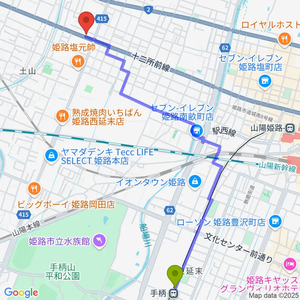 手柄駅からサウンドステーションへのルートマップ地図