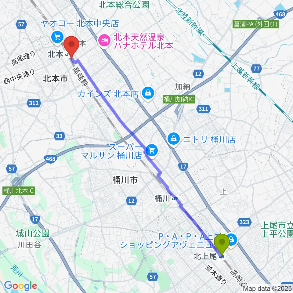 北上尾駅からエクセラ・カルチャースクールへのルートマップ地図