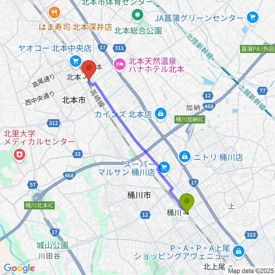 桶川駅からエクセラ・カルチャースクールへのルートマップ地図