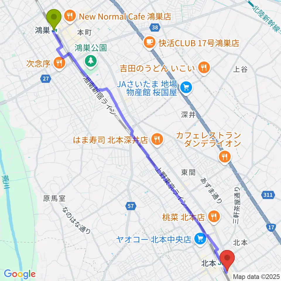 鴻巣駅からエクセラ・カルチャースクールへのルートマップ地図