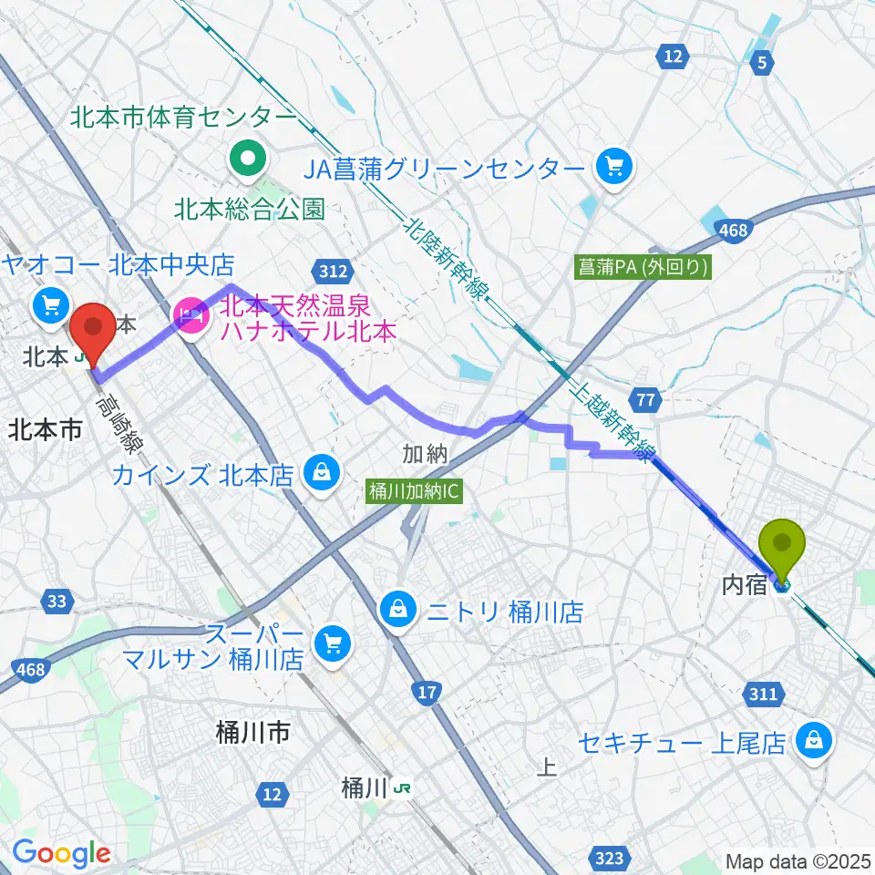 内宿駅からエクセラ・カルチャースクールへのルートマップ地図