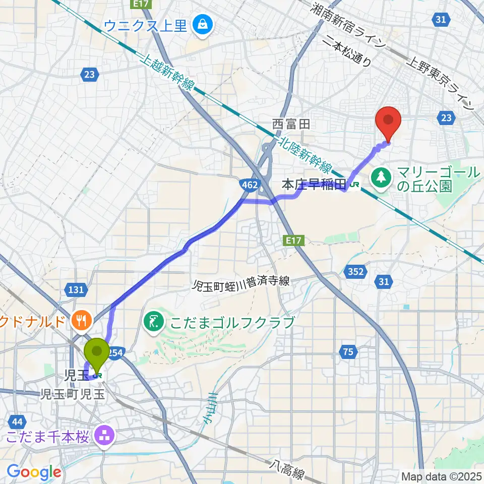児玉駅から南音楽院へのルートマップ地図