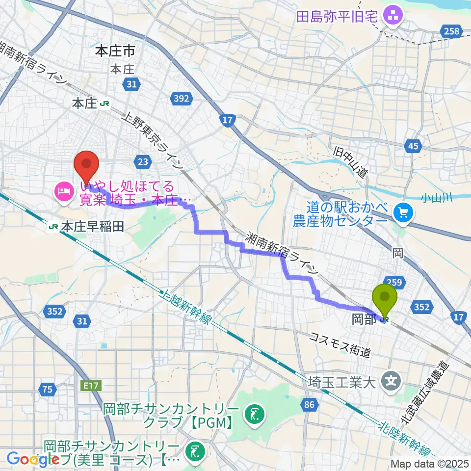 岡部駅から南音楽院へのルートマップ地図