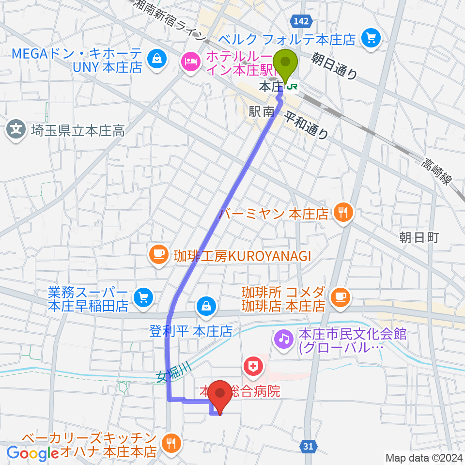 南音楽院の最寄駅本庄駅からの徒歩ルート（約22分）地図