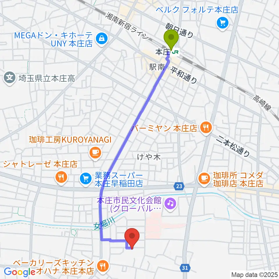 南音楽院の最寄駅本庄駅からの徒歩ルート（約22分）地図