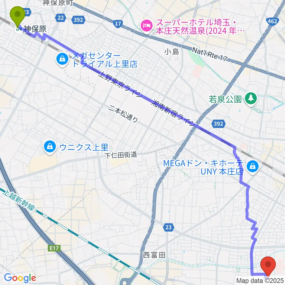 神保原駅から南音楽院へのルートマップ地図