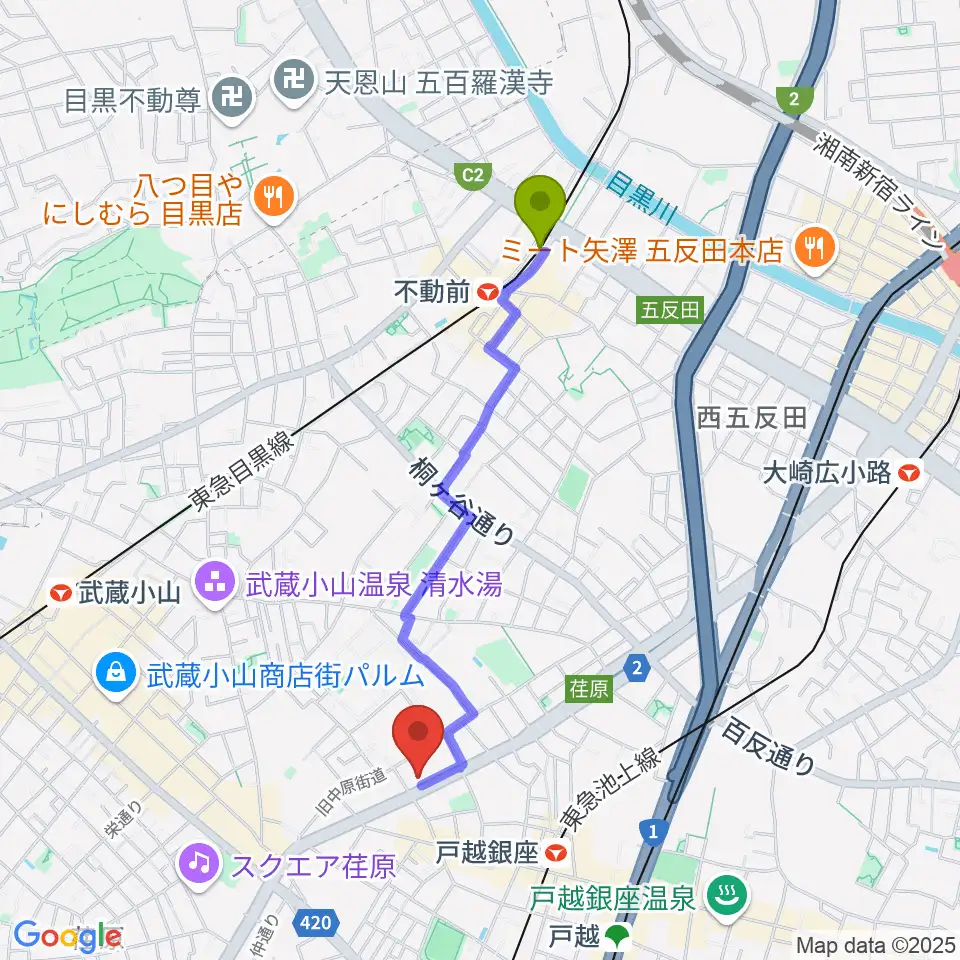不動前駅から大竹泰夫フルート教室へのルートマップ地図