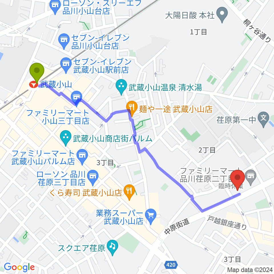武蔵小山駅から大竹泰夫フルート教室へのルートマップ地図
