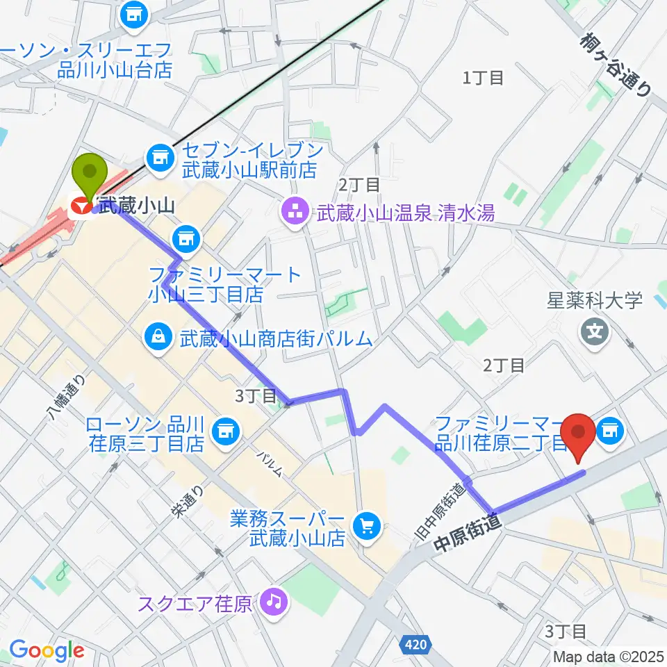 武蔵小山駅から大竹泰夫フルート教室へのルートマップ地図