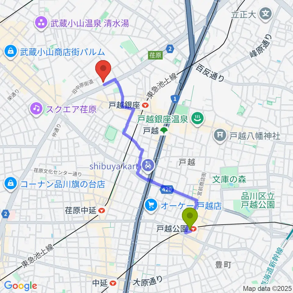 戸越公園駅から大竹泰夫フルート教室へのルートマップ地図