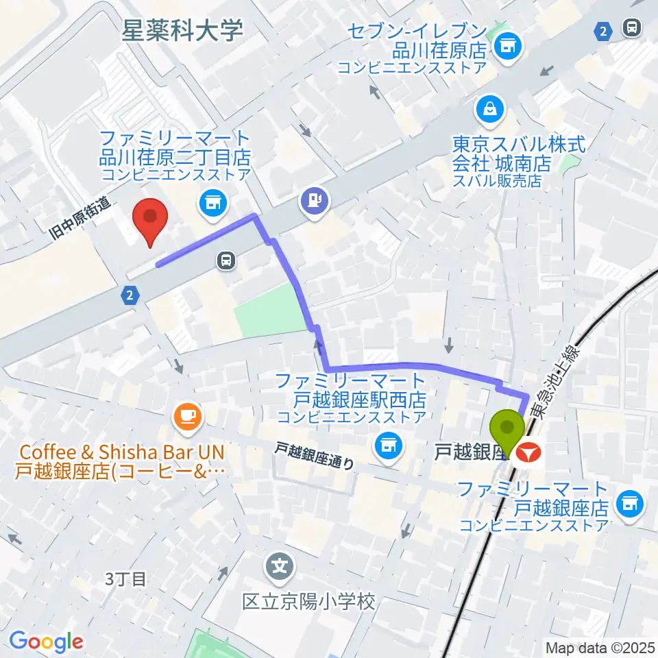 大竹泰夫フルート教室の最寄駅戸越銀座駅からの徒歩ルート（約5分）地図