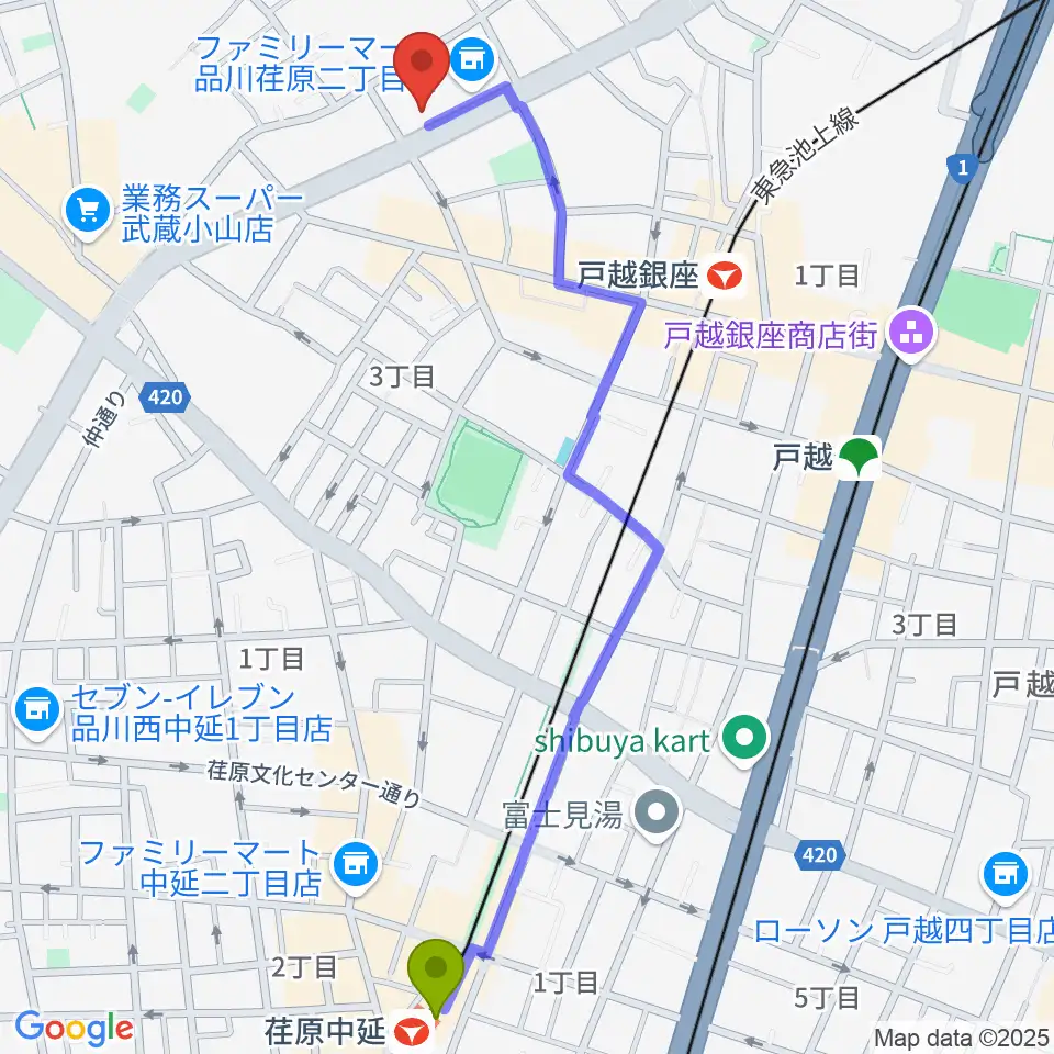 荏原中延駅から大竹泰夫フルート教室へのルートマップ地図