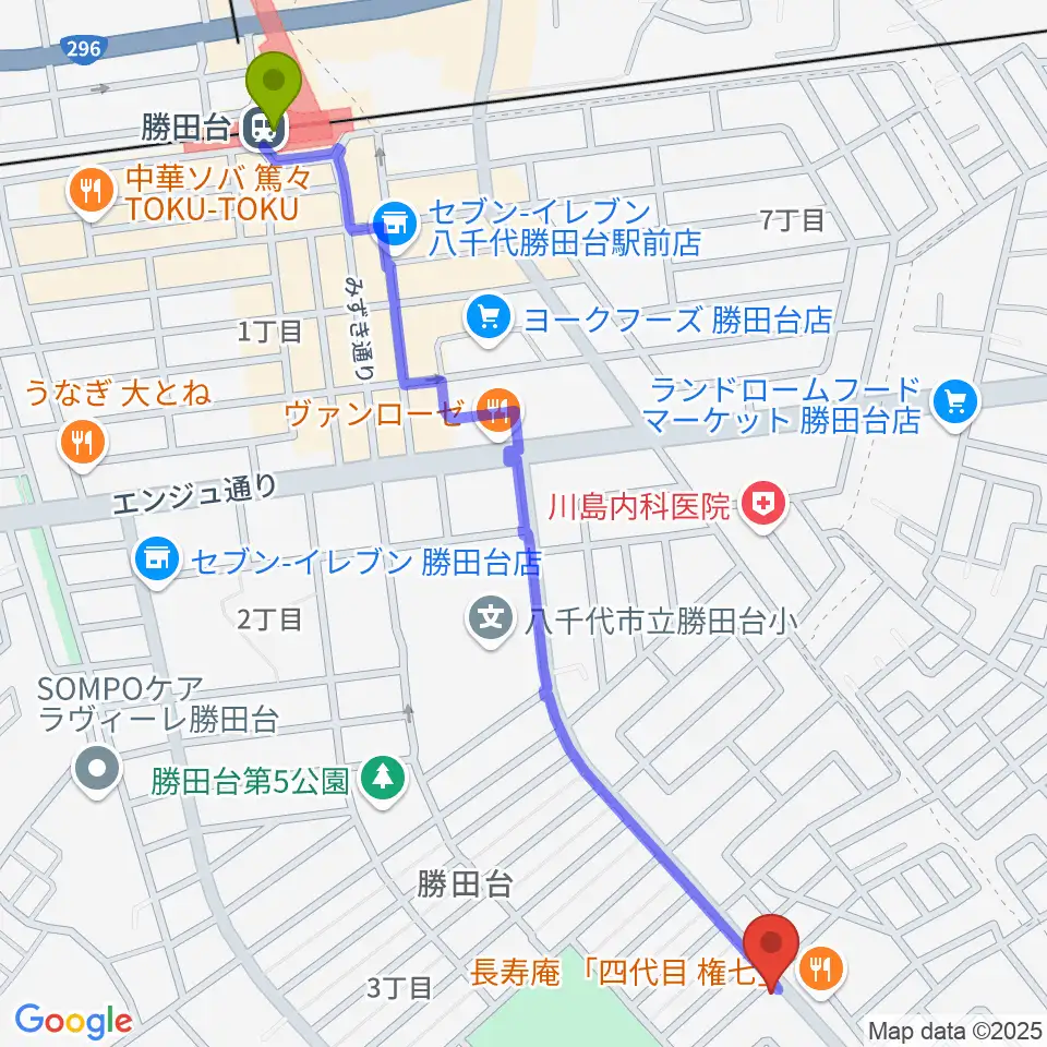 小山ギタースタジオの最寄駅勝田台駅からの徒歩ルート（約15分）地図