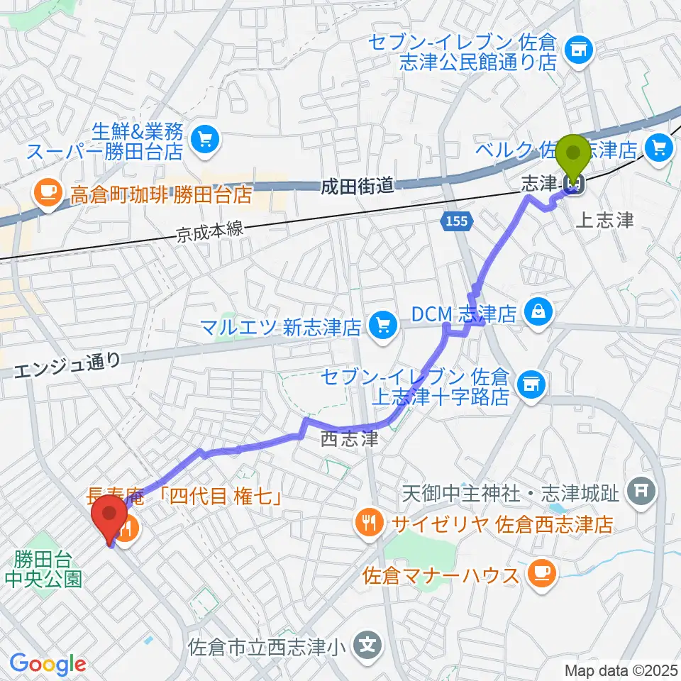 志津駅から小山ギタースタジオへのルートマップ地図