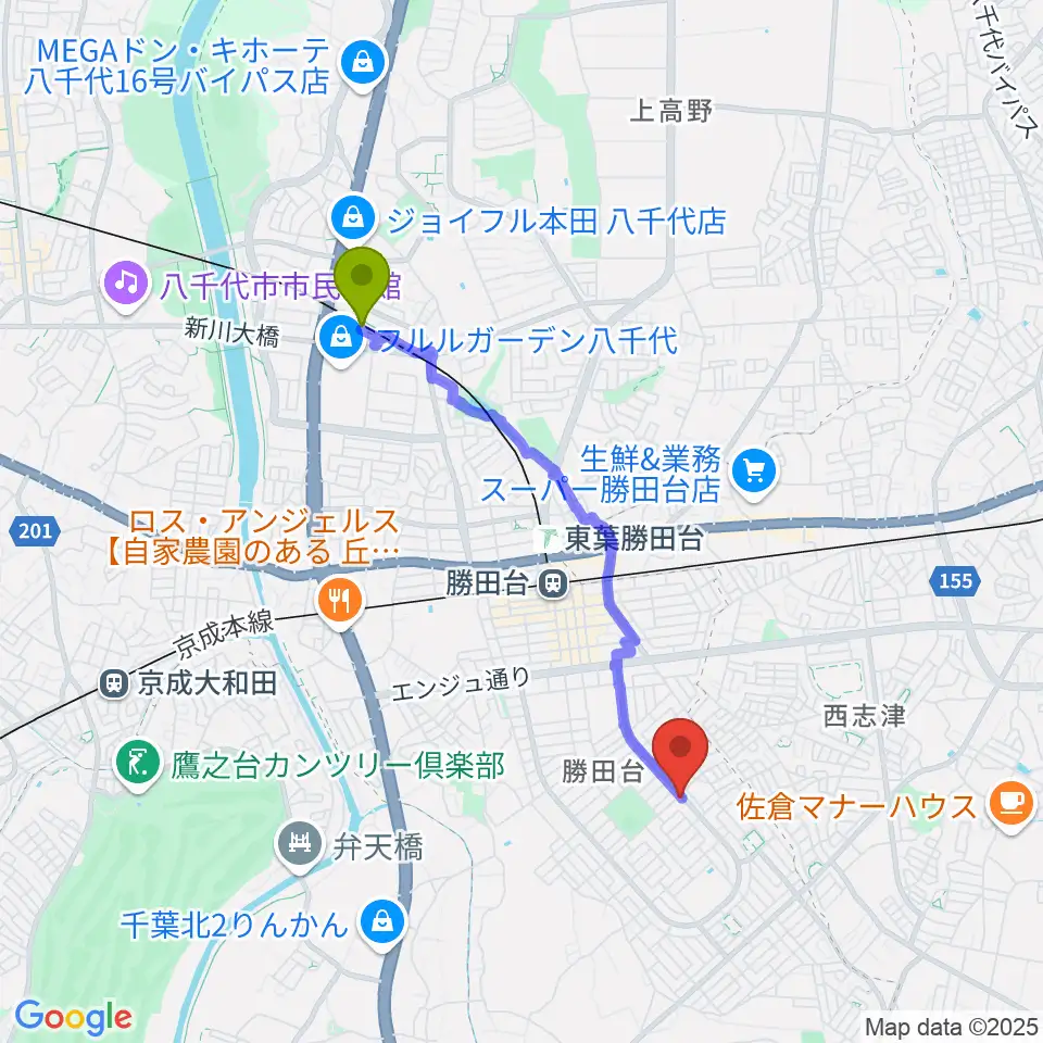 村上駅から小山ギタースタジオへのルートマップ地図