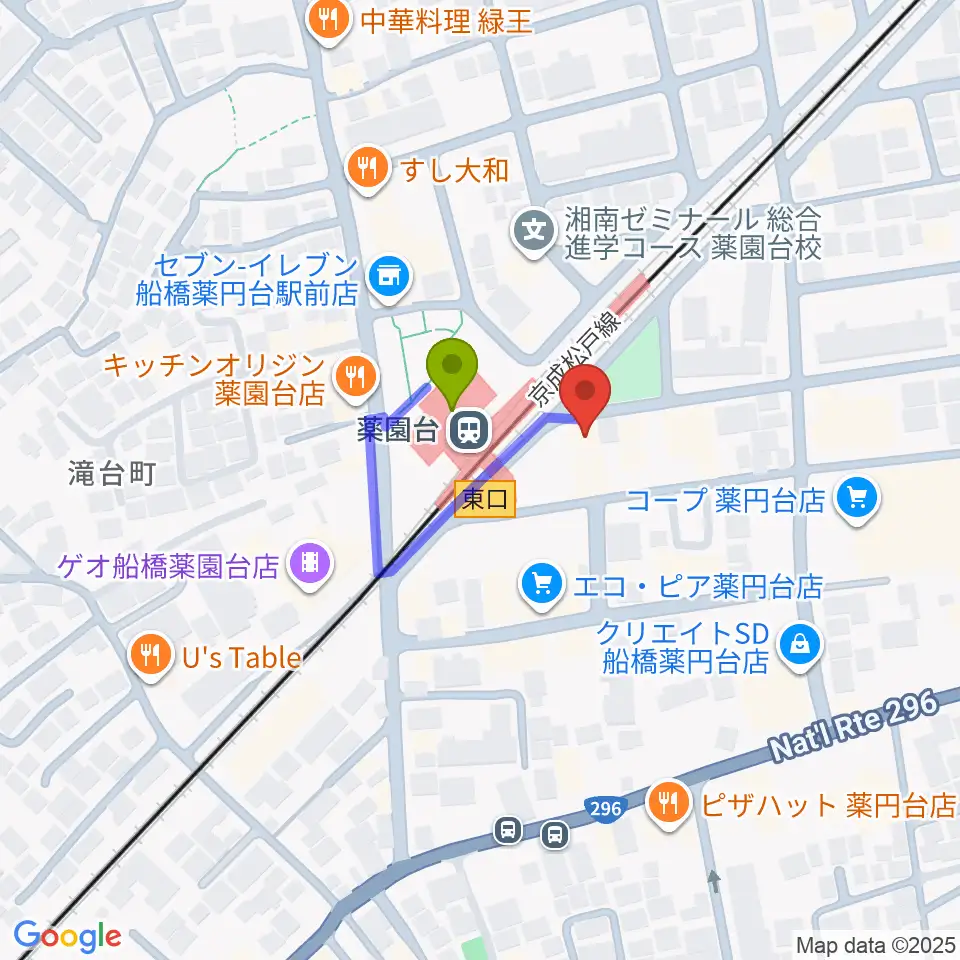西村音楽アカデミーの最寄駅薬園台駅からの徒歩ルート（約1分）地図