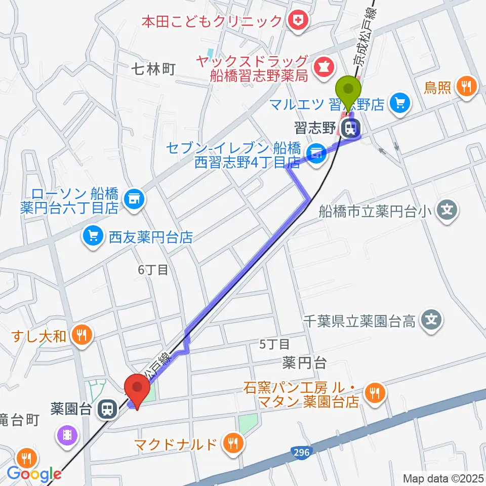 習志野駅から西村音楽アカデミーへのルートマップ地図