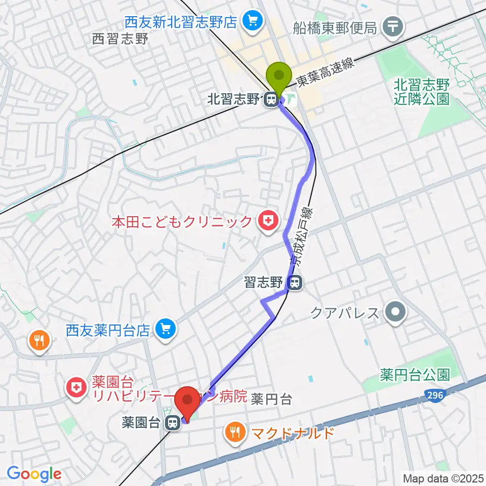 北習志野駅から西村音楽アカデミーへのルートマップ地図