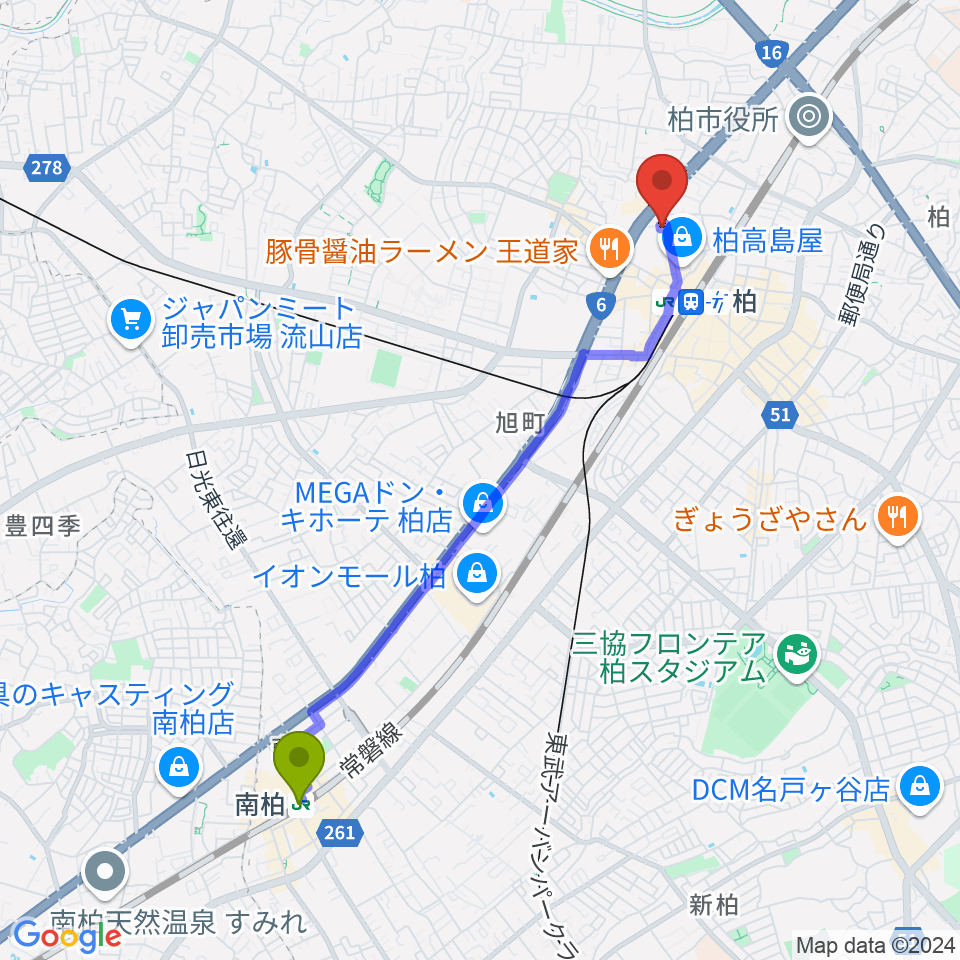 南柏駅からフォリア・ミュージックルームへのルートマップ地図