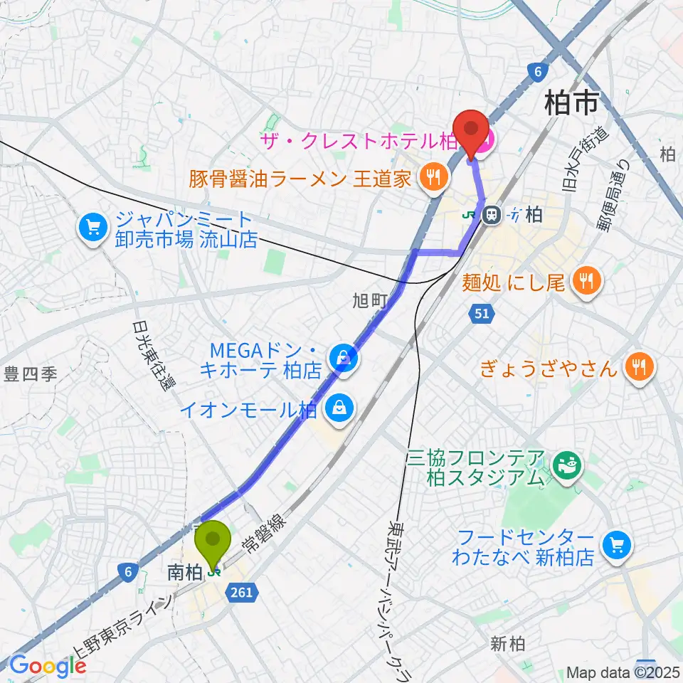 南柏駅からフォリア・ミュージックルームへのルートマップ地図
