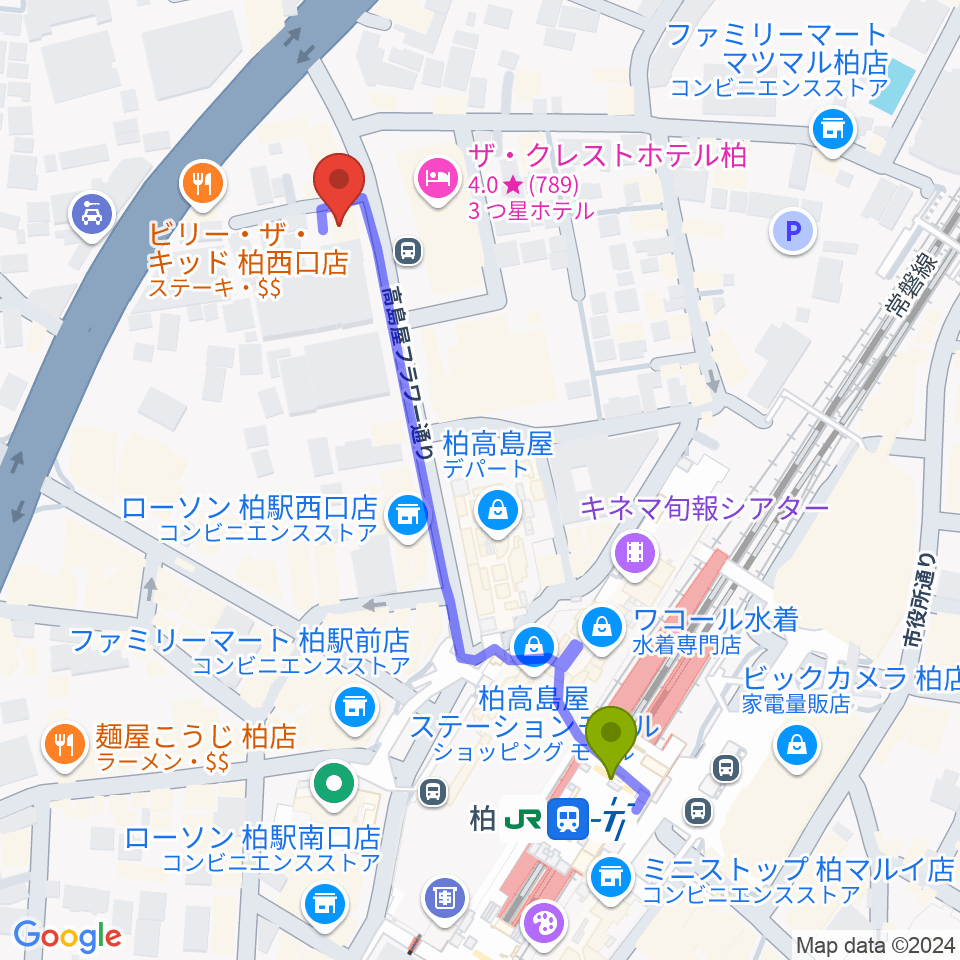 フォリア・ミュージックルームの最寄駅柏駅からの徒歩ルート（約5分）地図