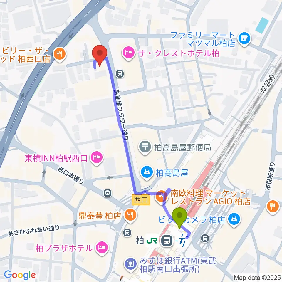 フォリア・ミュージックルームの最寄駅柏駅からの徒歩ルート（約5分）地図