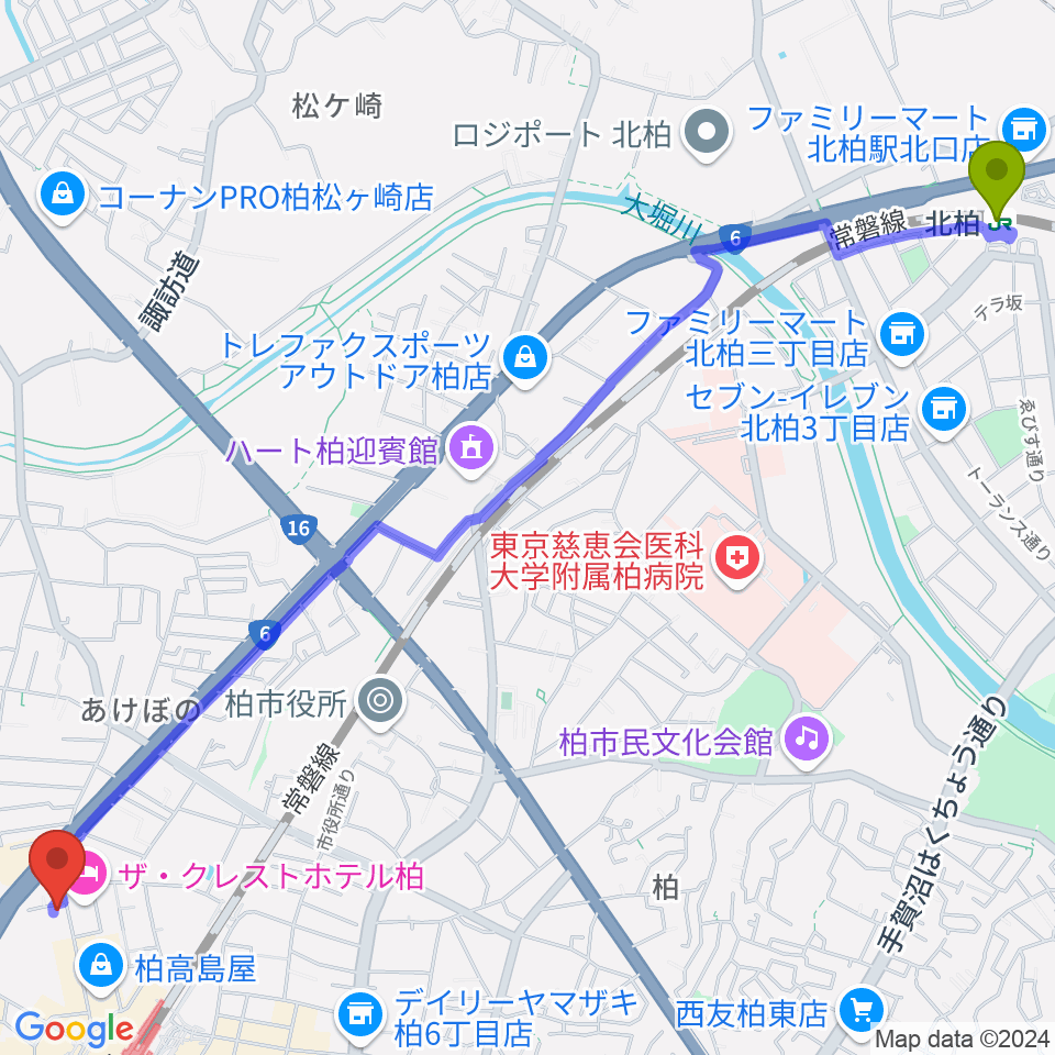 北柏駅からフォリア・ミュージックルームへのルートマップ地図