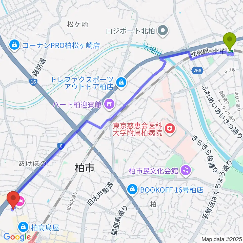 北柏駅からフォリア・ミュージックルームへのルートマップ地図