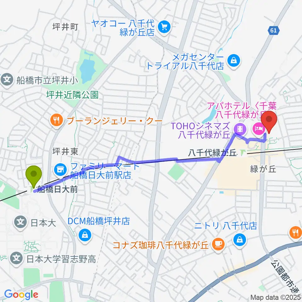 船橋日大前駅から鈴木誠ギター教室へのルートマップ地図