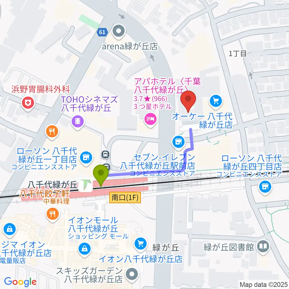 鈴木誠ギター教室の最寄駅八千代緑が丘駅からの徒歩ルート（約3分）地図