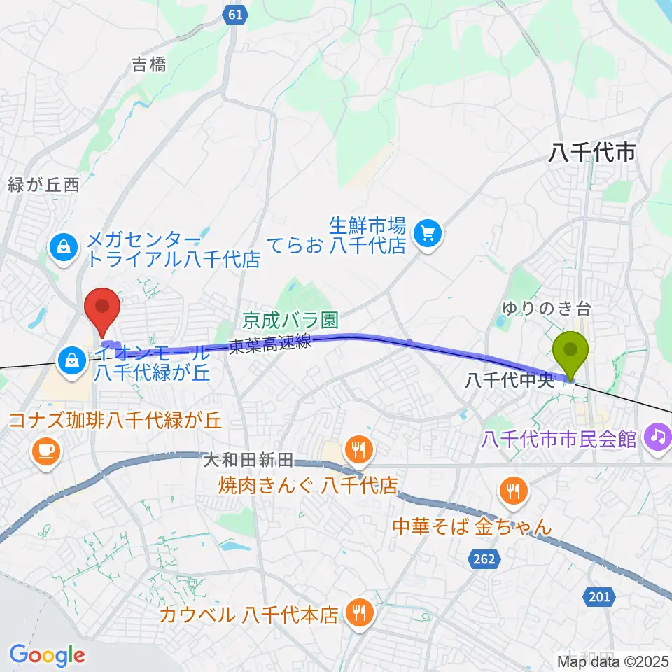 八千代中央駅から鈴木誠ギター教室へのルートマップ地図