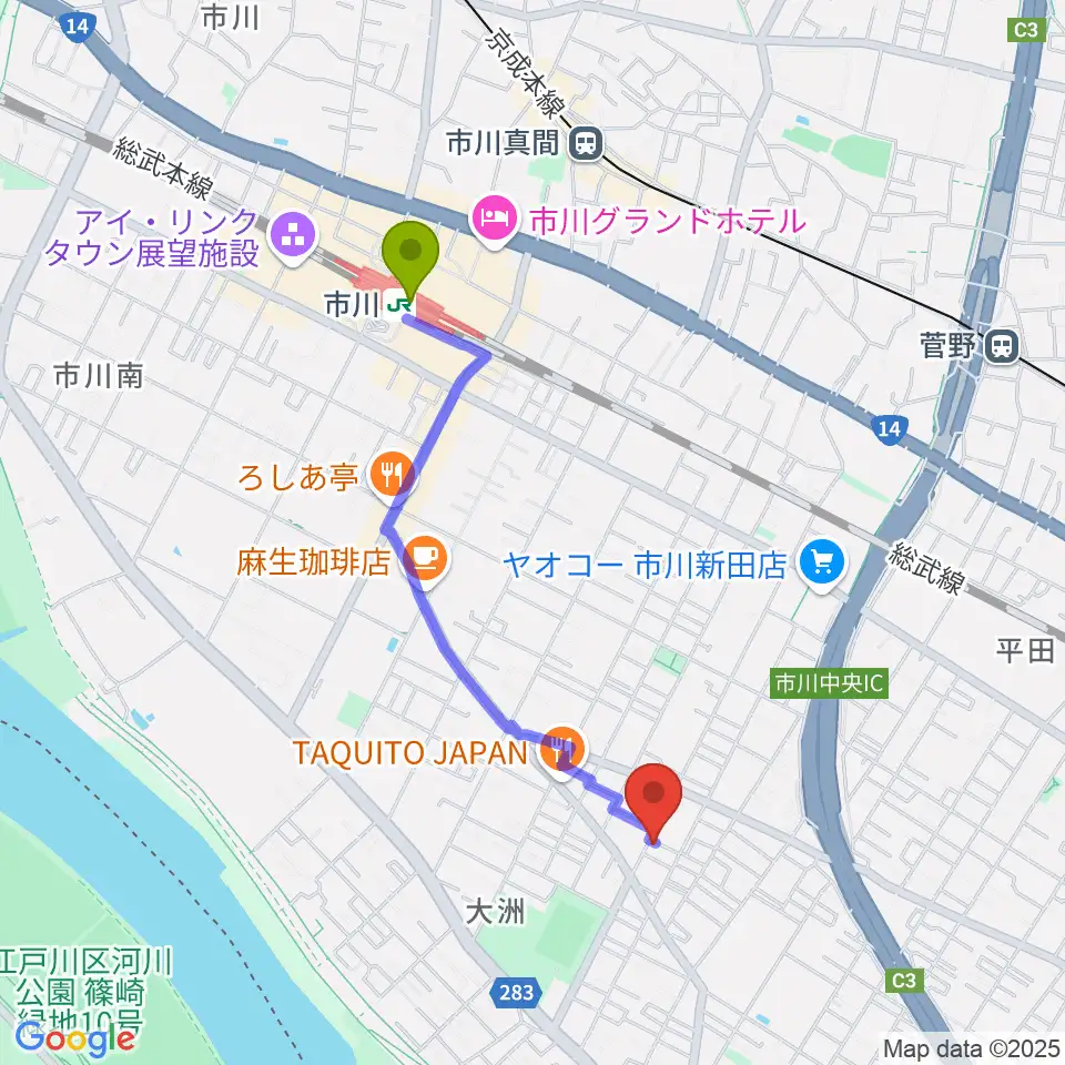柳真一郎ギター教室の最寄駅市川駅からの徒歩ルート（約17分）地図
