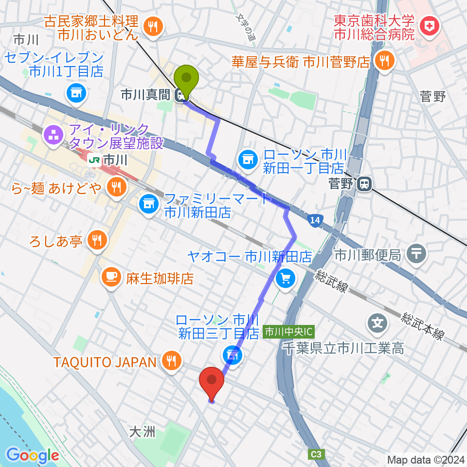 市川真間駅から柳真一郎ギター教室へのルートマップ地図