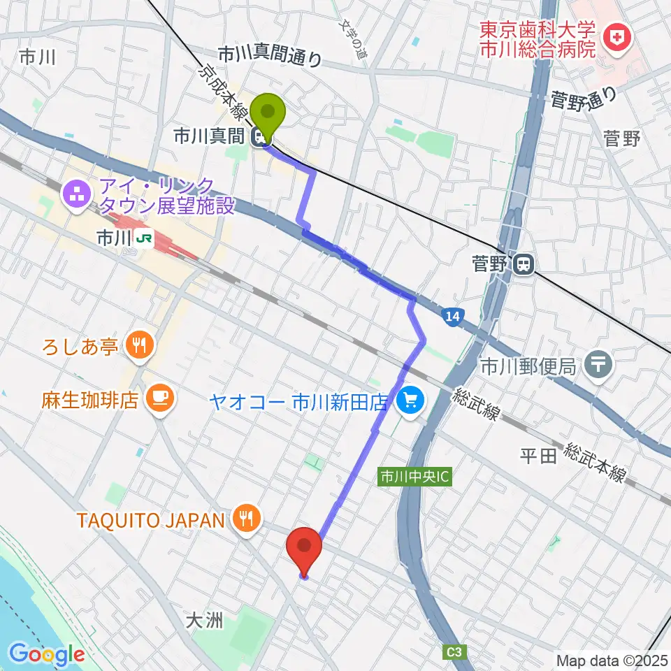 市川真間駅から柳真一郎ギター教室へのルートマップ地図