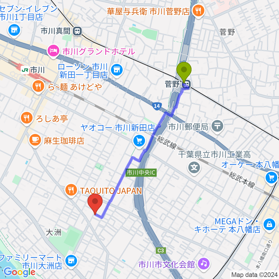 菅野駅から柳真一郎ギター教室へのルートマップ地図