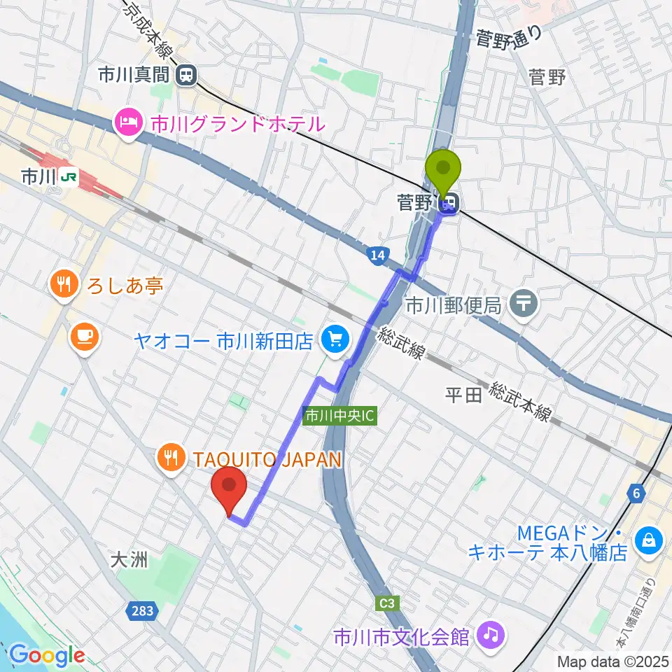 菅野駅から柳真一郎ギター教室へのルートマップ地図
