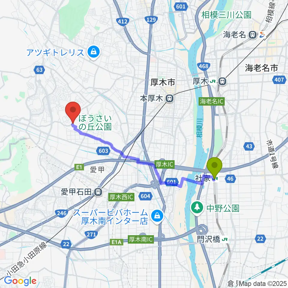 社家駅からあつぎの丘音楽教室へのルートマップ地図
