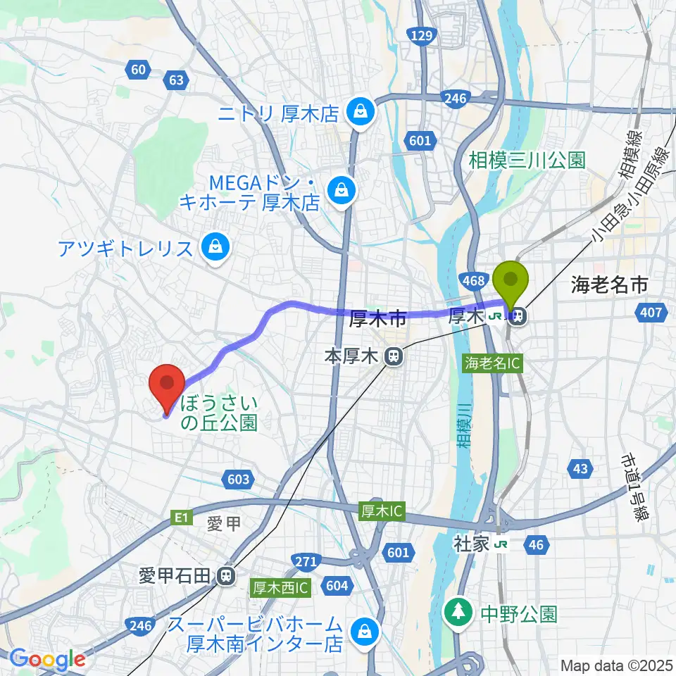 厚木駅からあつぎの丘音楽教室へのルートマップ地図