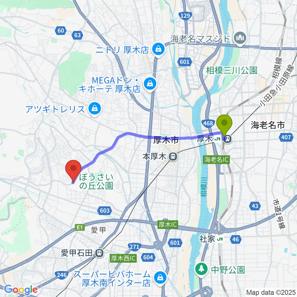 厚木駅からあつぎの丘音楽教室へのルートマップ地図