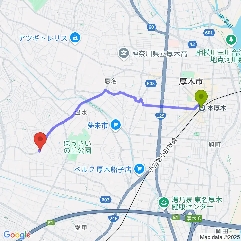本厚木駅からあつぎの丘音楽教室へのルートマップ地図