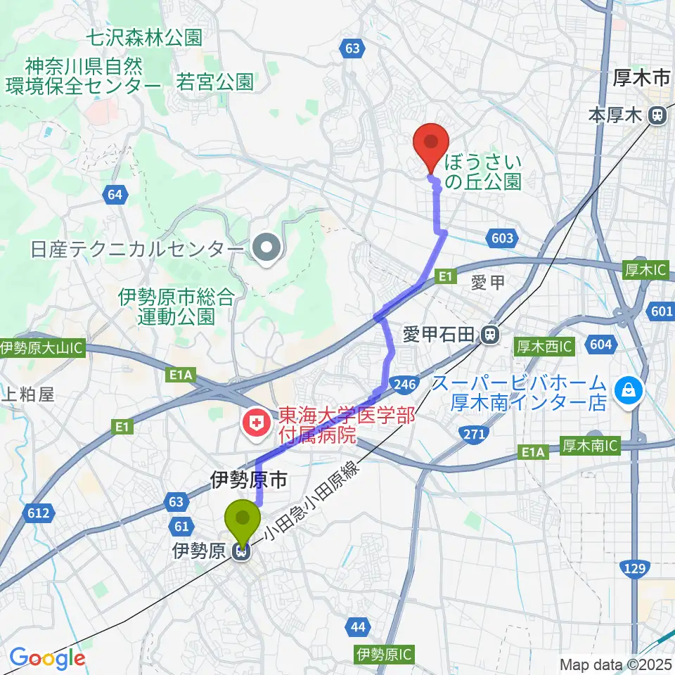 伊勢原駅からあつぎの丘音楽教室へのルートマップ地図