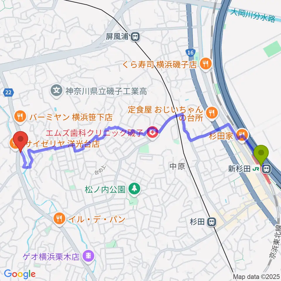 新杉田駅からめぐみ音楽館へのルートマップ地図