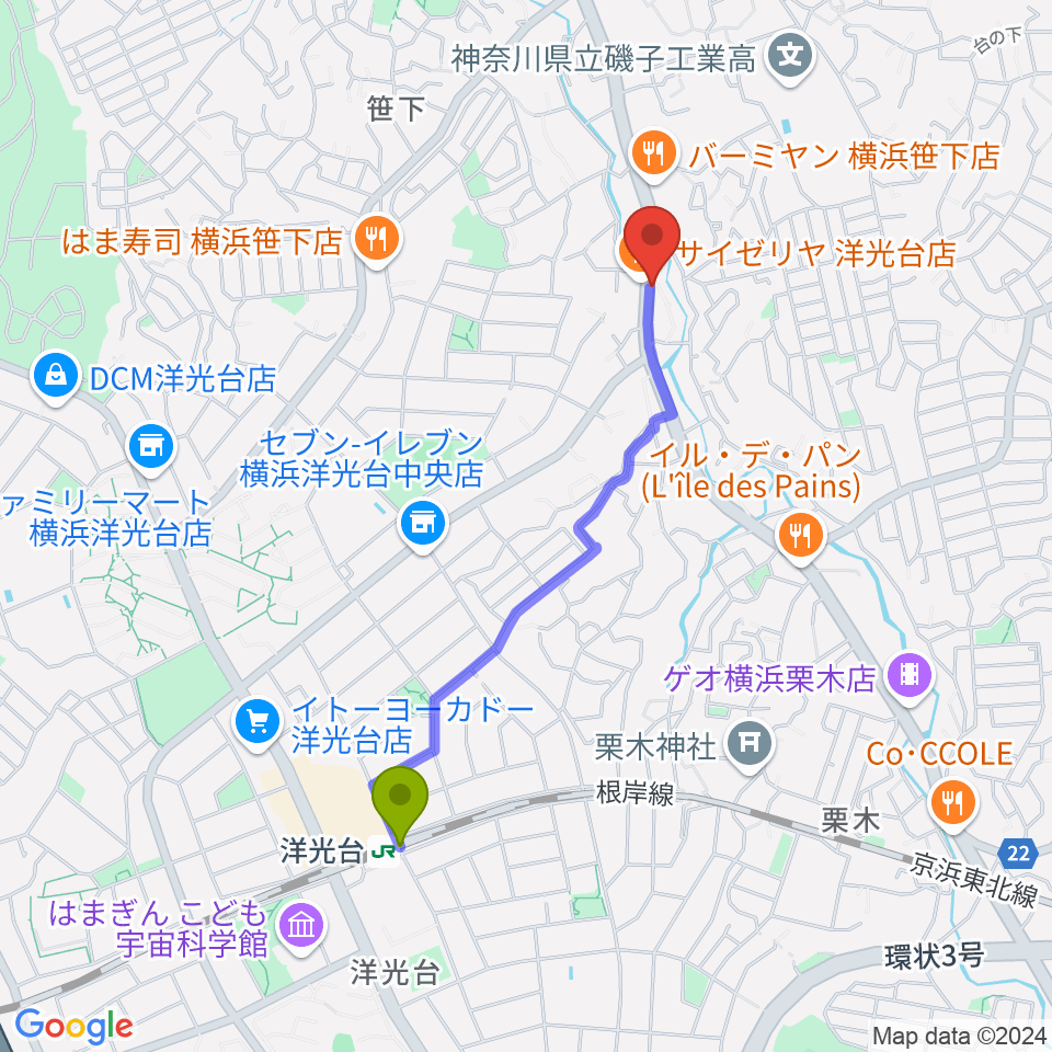 洋光台駅からめぐみ音楽館へのルートマップ地図