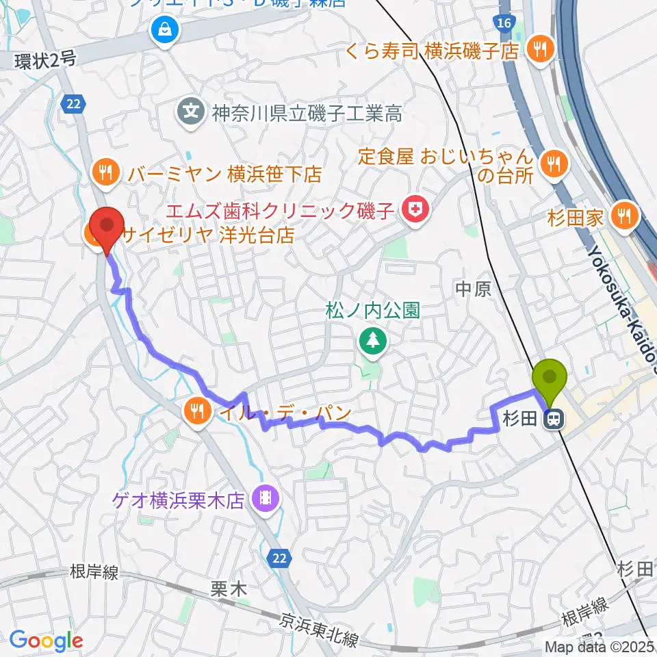 杉田駅からめぐみ音楽館へのルートマップ地図