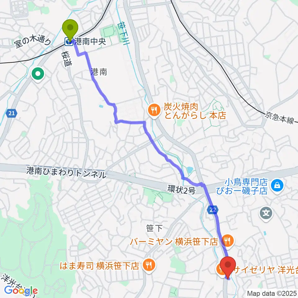 港南中央駅からめぐみ音楽館へのルートマップ地図